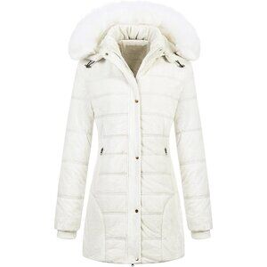 Women's Cream White Winter Warm Coat Velvet Quilted Faux Fur Hood Puffer Jacket